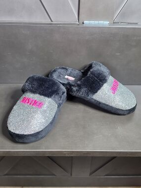 Justice Girls 2-3 Sparkle Faux-Fur Slippers - Black/silver with Pink Logo